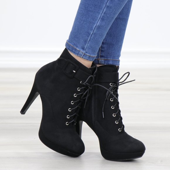 Shoes - Black Faux Suede Heel Lace-Up Ankle Booties